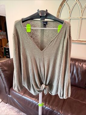 Daytrip Olive Green Waffle Knit V-Neck Tie-Front Pullover